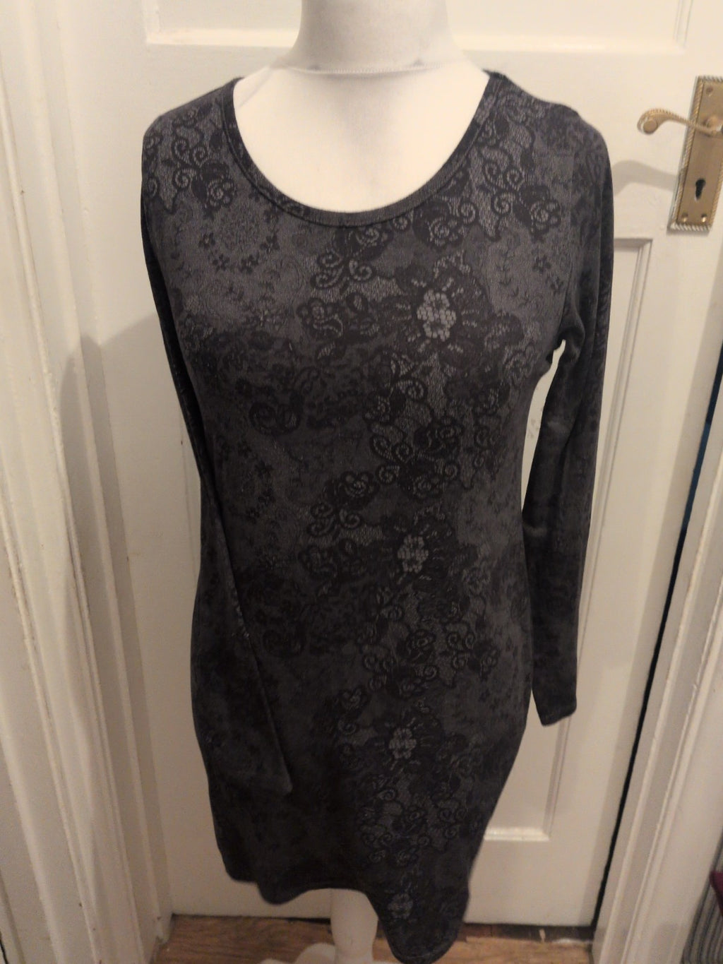 George 14 Black And Grey Floral Pattern Long Sleeve Dress