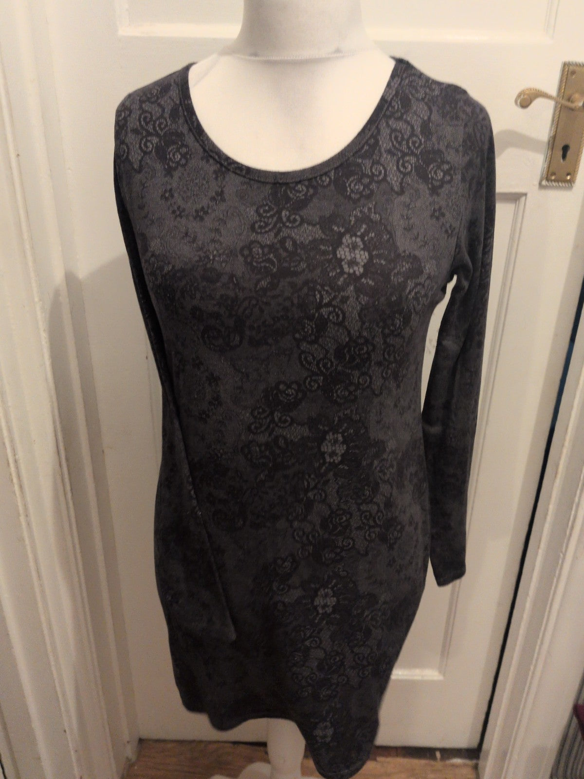 George 14 Black And Grey Floral Pattern Long Sleeve Dress