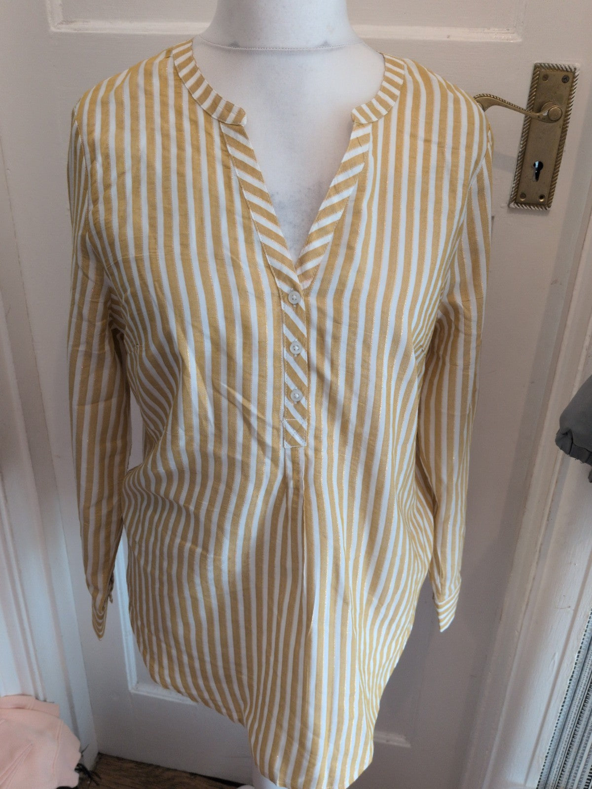 George 14 Yellow Gold And White Stripe Long Sleeve Blouse