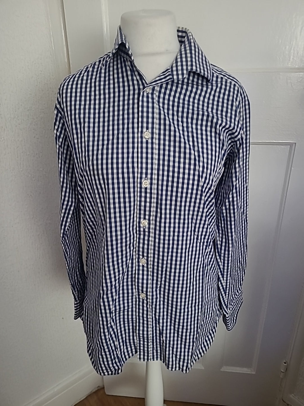 Mens Charles Tyrwhitt Size 15" Blue Check Long Sleeved Shirt