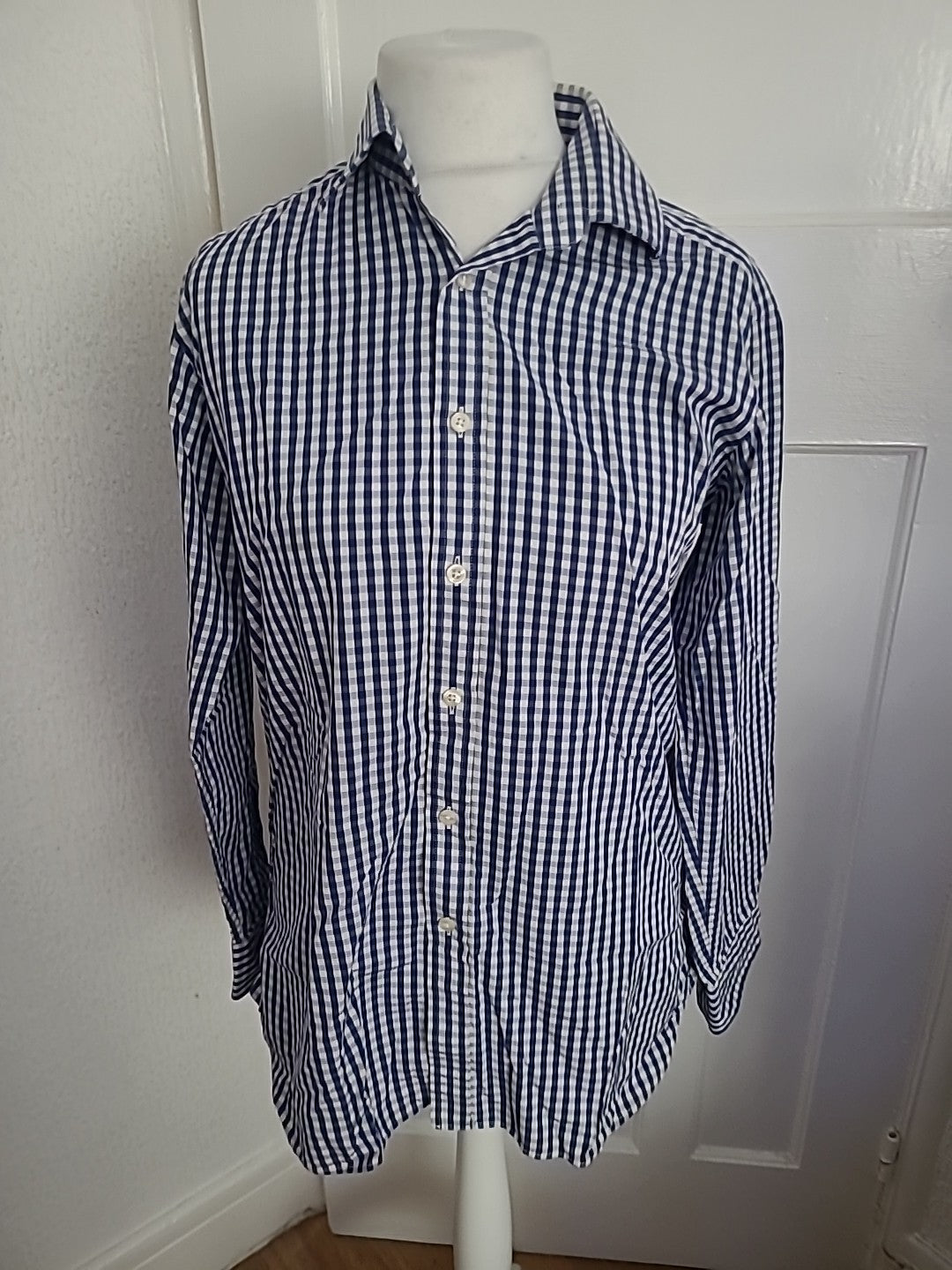 Mens Charles Tyrwhitt Size 15" Blue Check Long Sleeved Shirt