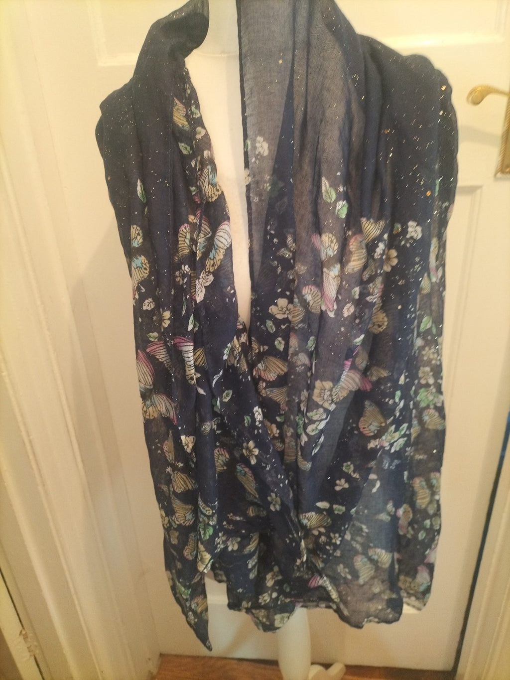 Large Navy Floral Butterfly Thin Scarf