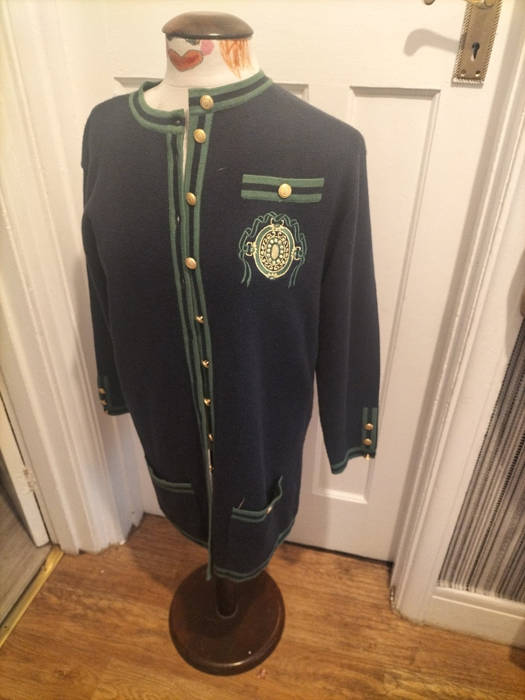 Ladies Emreco Size Euro 36 Navy Green Trim Long Sleeved Cardigan
