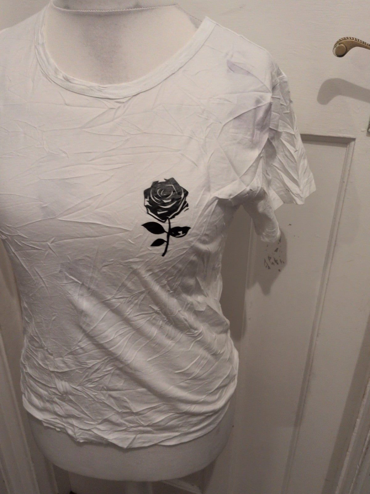 Shein Small White With Black Rose Short Sleeve T-shirt Ladies