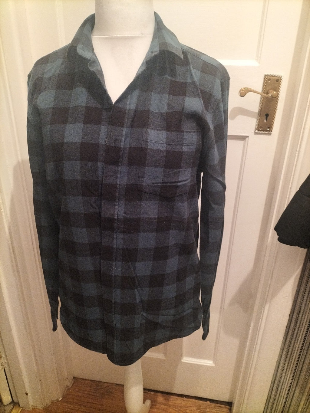 Mens Peacocks Size L Dark Teal Check Long Sleeved Shirt