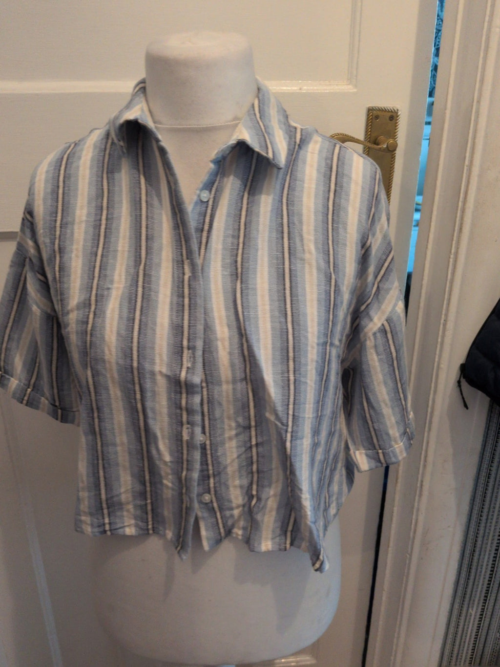 Primark Medium Blue Stripe Short Sleeve Collared Buttoned Blouse