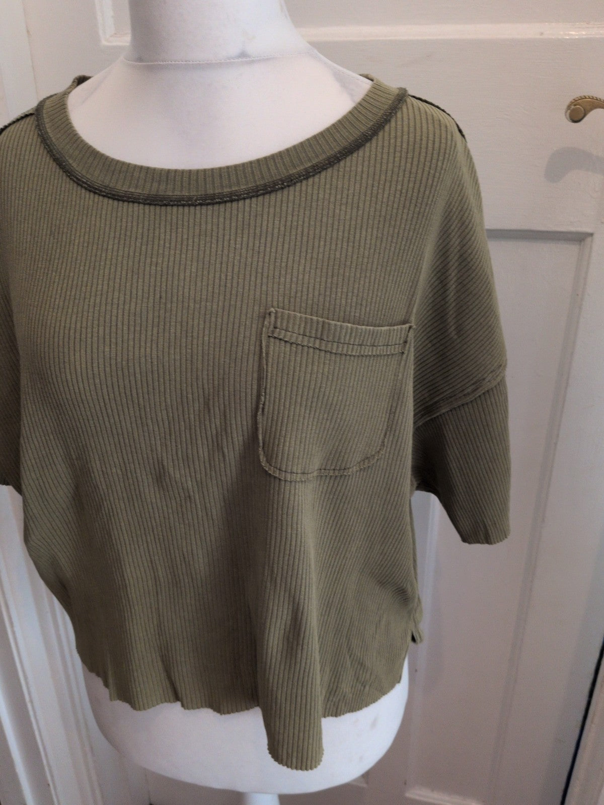 Shein Large Green Rib Short Sleeve T-shirt