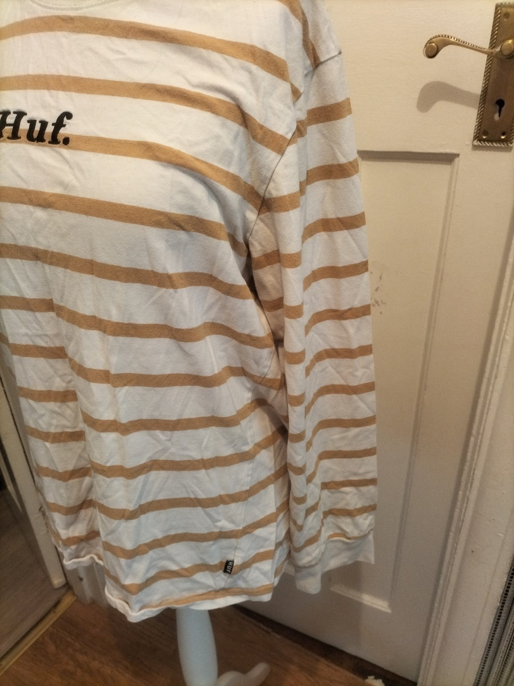 Ladies Huf Size XL Brown And White Striped Tshirt Long Sleeve