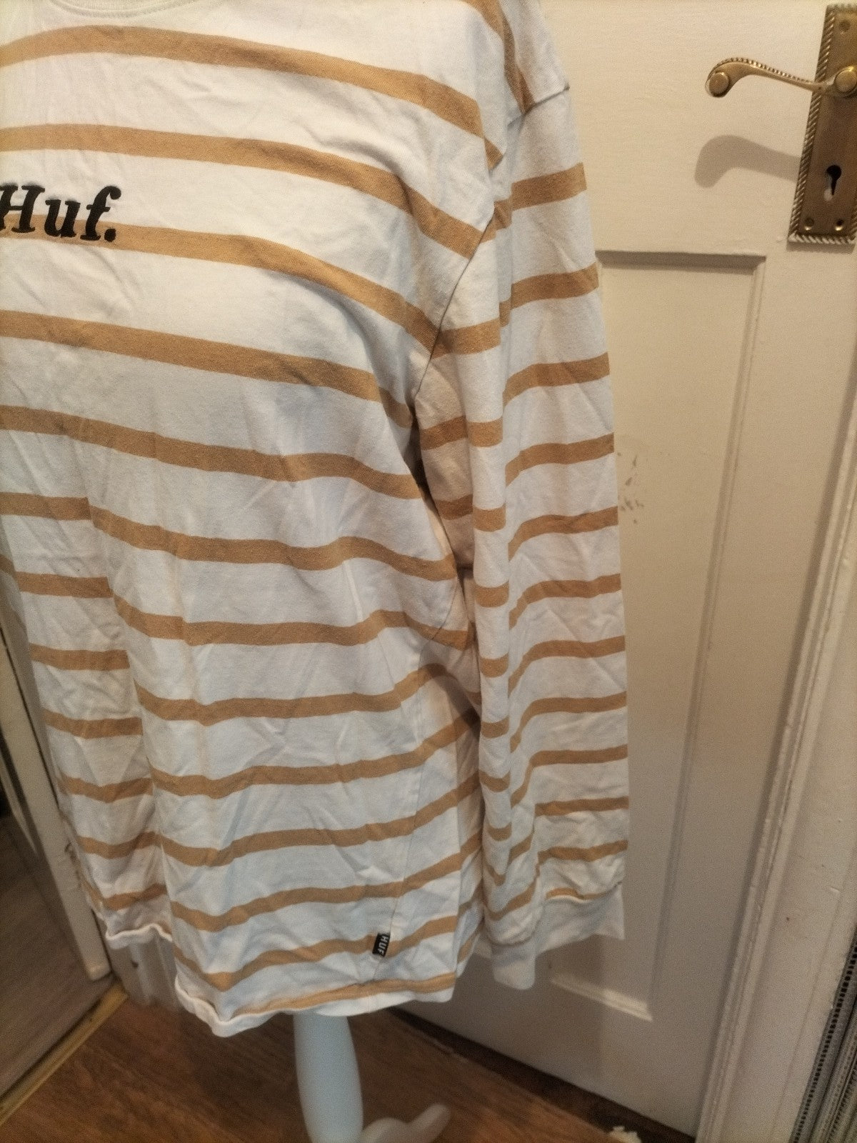 Ladies Huf Size XL Brown And White Striped Tshirt Long Sleeve