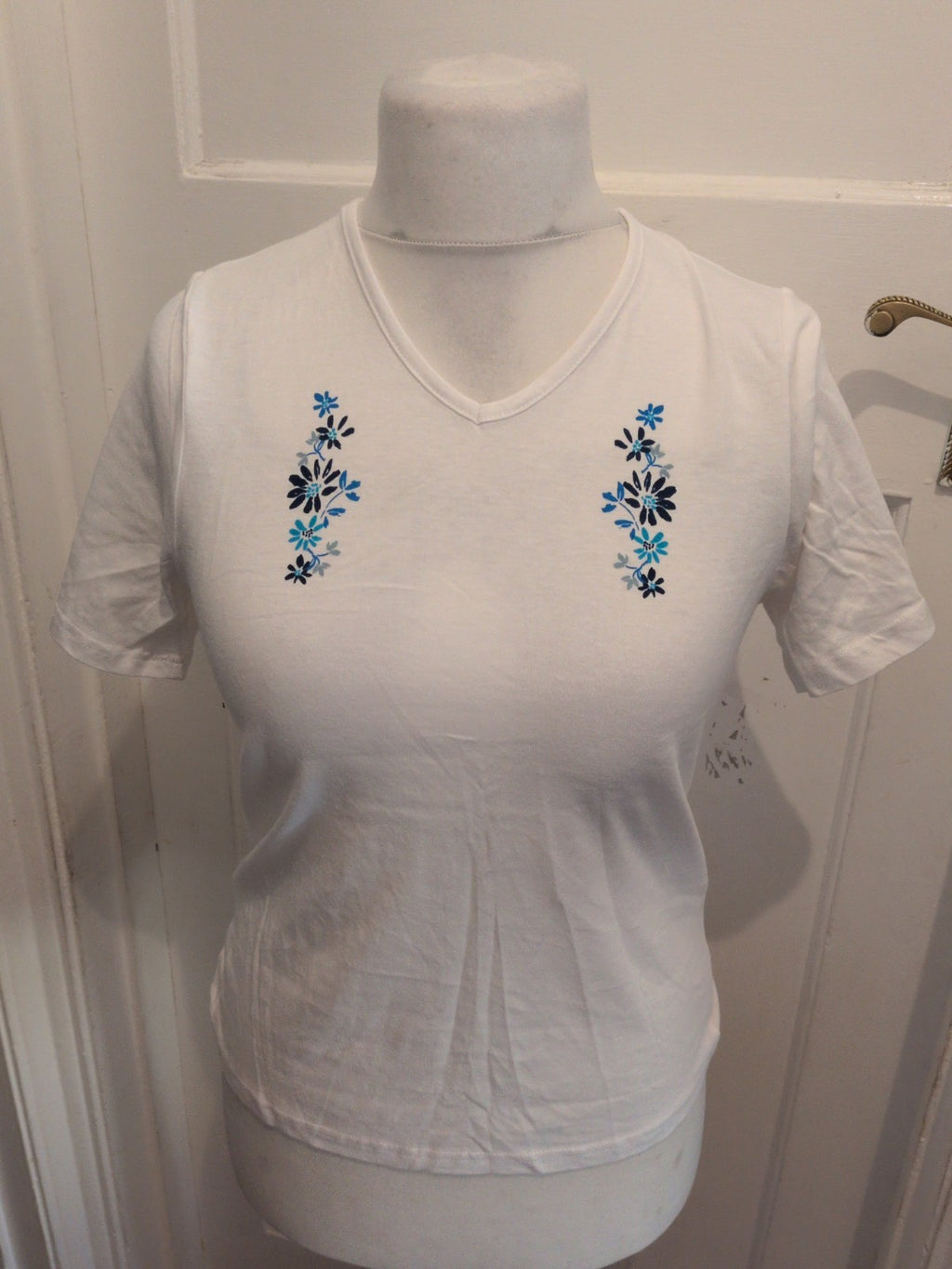 Anne De Lancay Small White With Blue Short Sleeve Blouse T-shirt