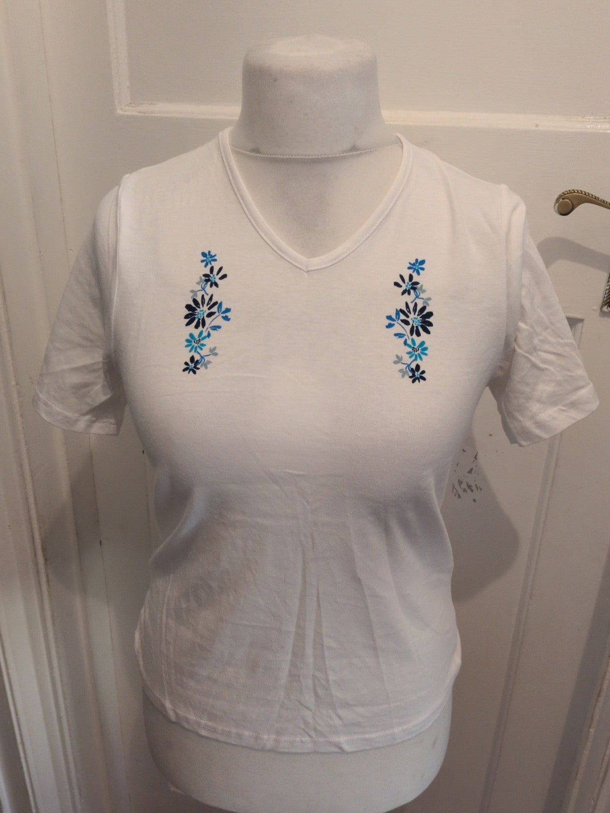 Anne De Lancay Small White With Blue Short Sleeve Blouse T-shirt