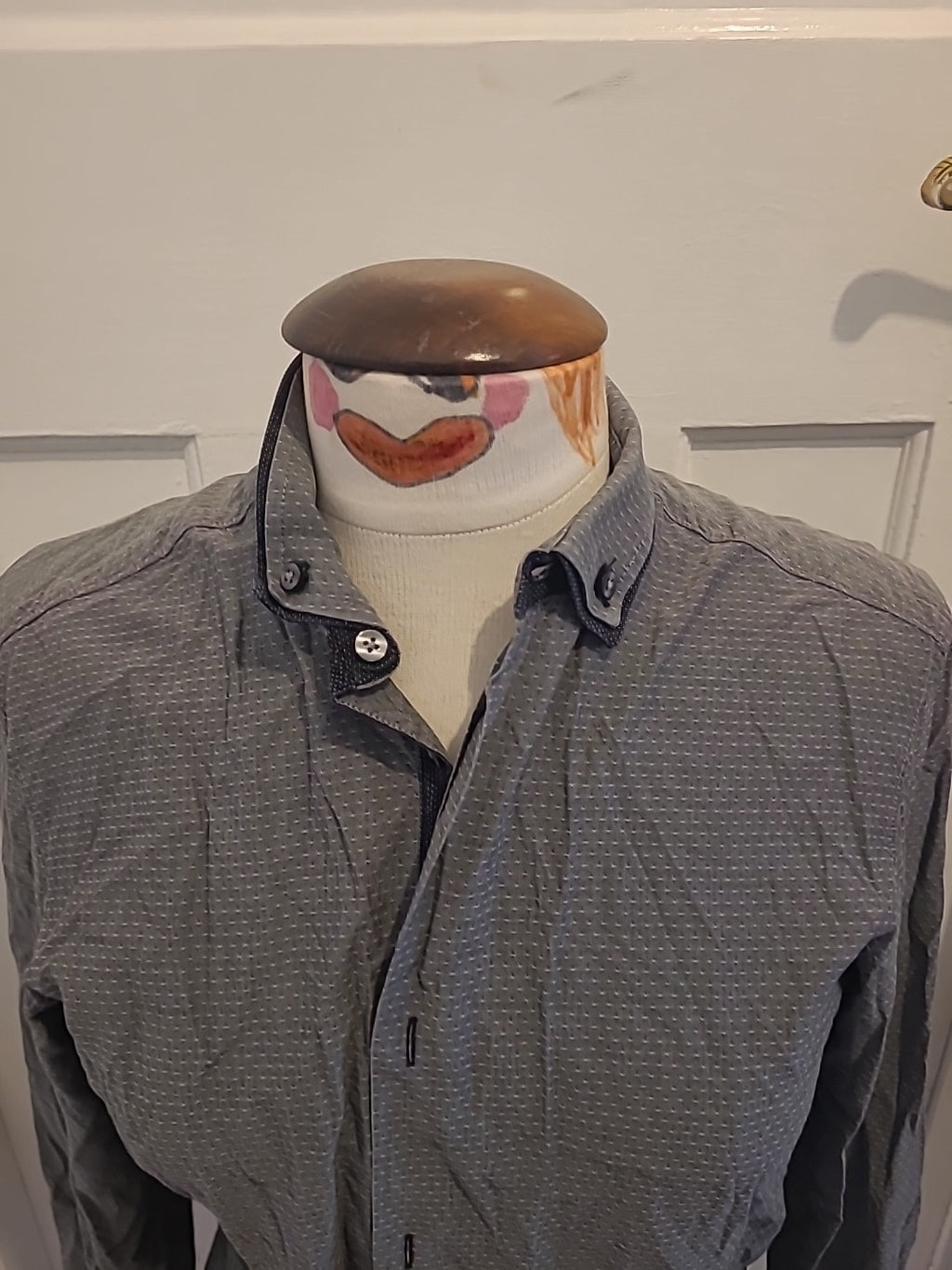 Mens Next Size 14.5" Grey With White Regular Fit Long Sleeved Shirt