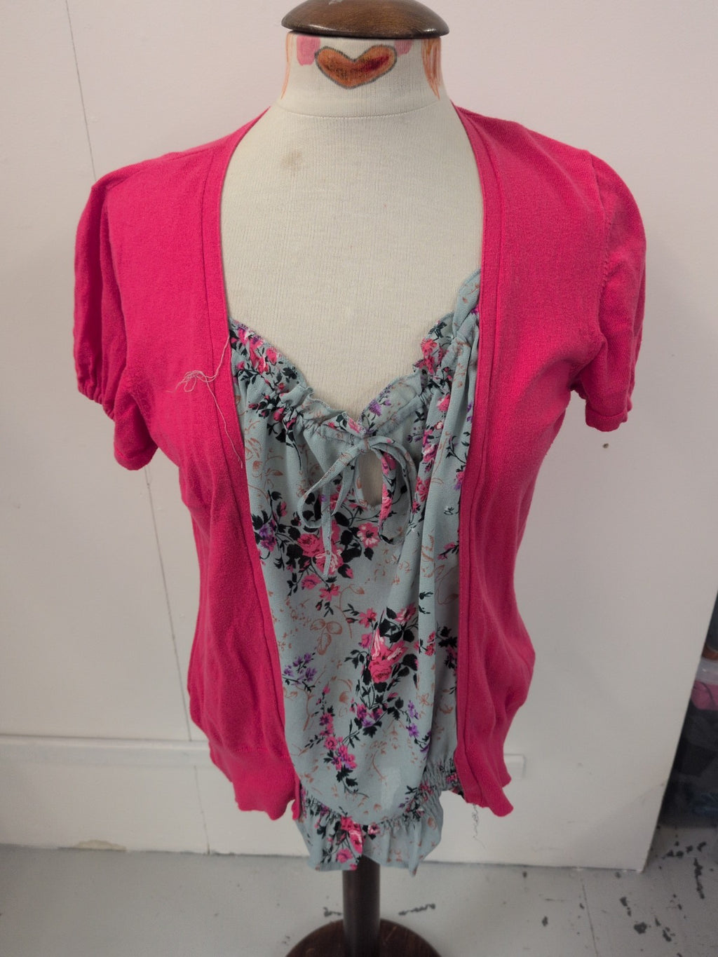 Next 16 Hot Pink With Grey Floral Short Sleeved Blouse