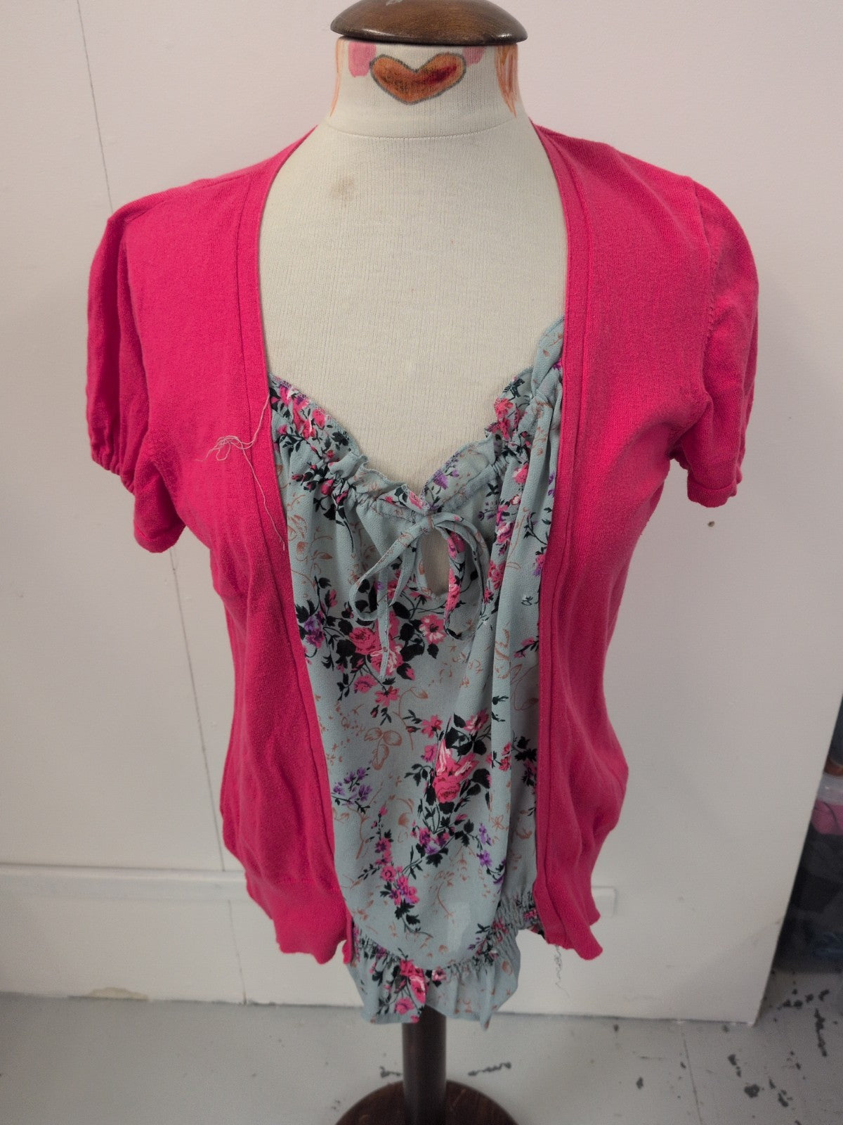 Next 16 Hot Pink With Grey Floral Short Sleeved Blouse