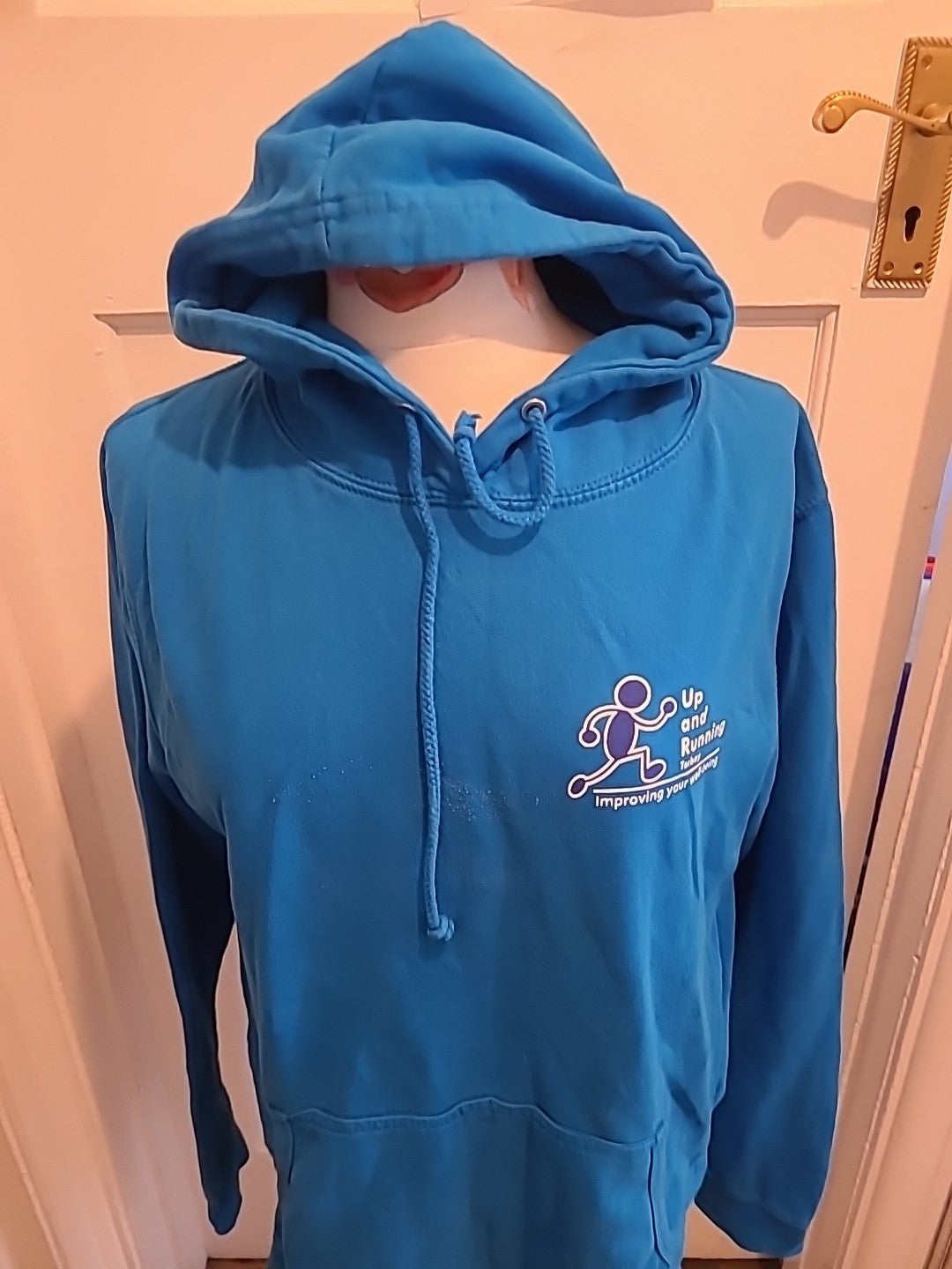 Mens Justhoods Size XL Blue "Running Logo" Pullover Hoodie