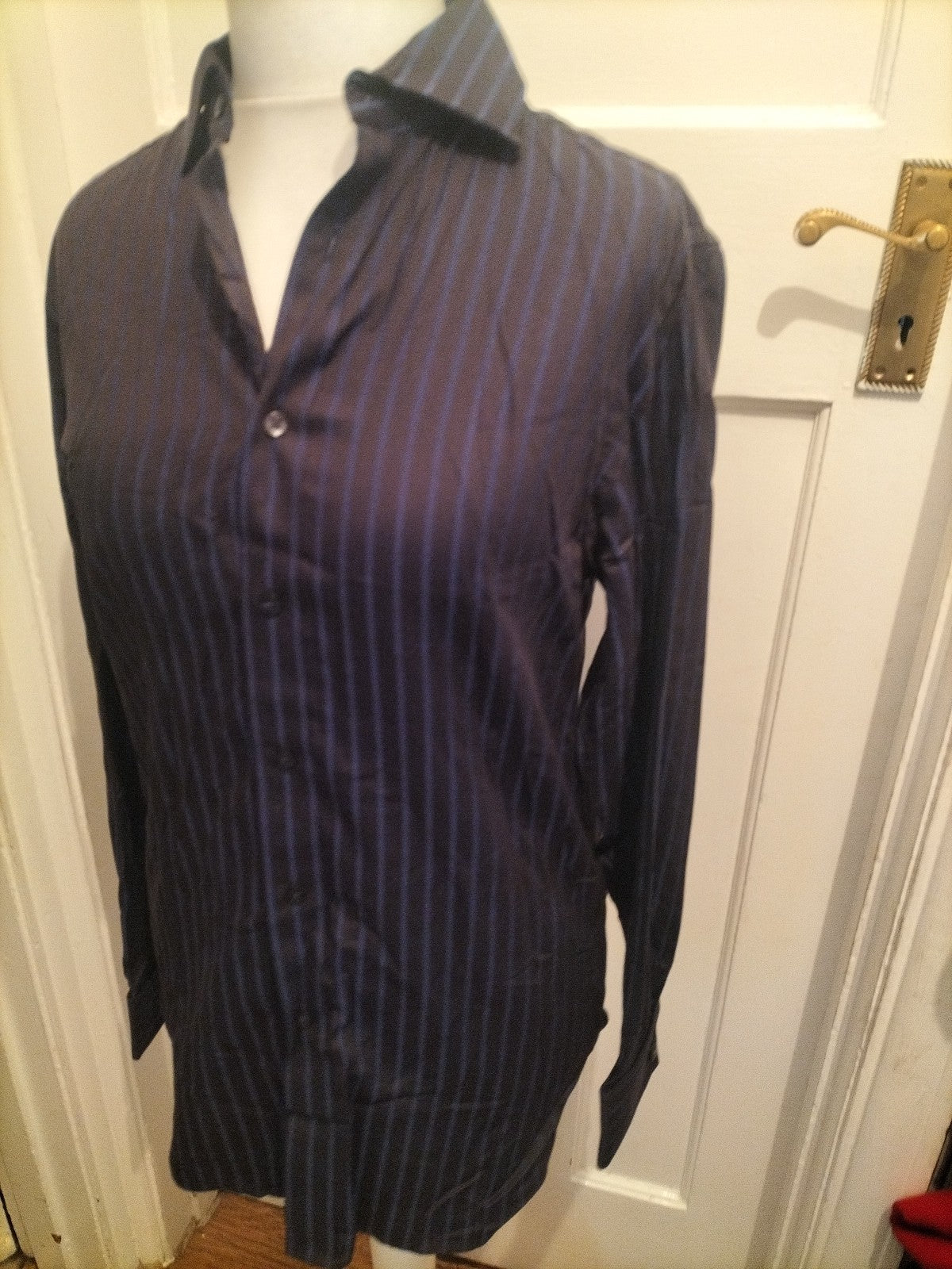 Mens St George By Duffer Size 15 Navy And Blue Striped Long Sleeve Shirt