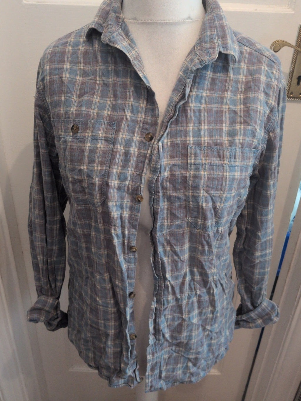 Tu Pure Cotton Medium Blue Check Long Sleeve Shirt