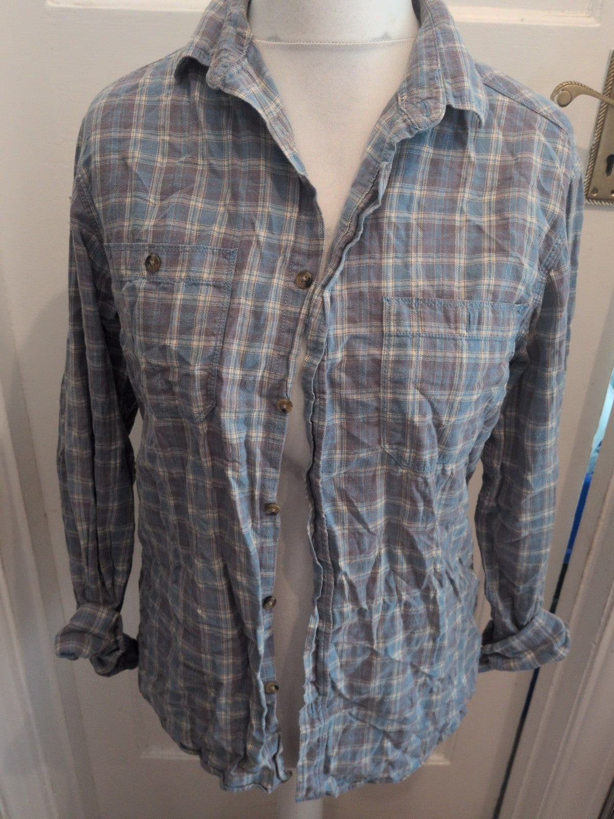 Tu Pure Cotton Medium Blue Check Long Sleeve Shirt