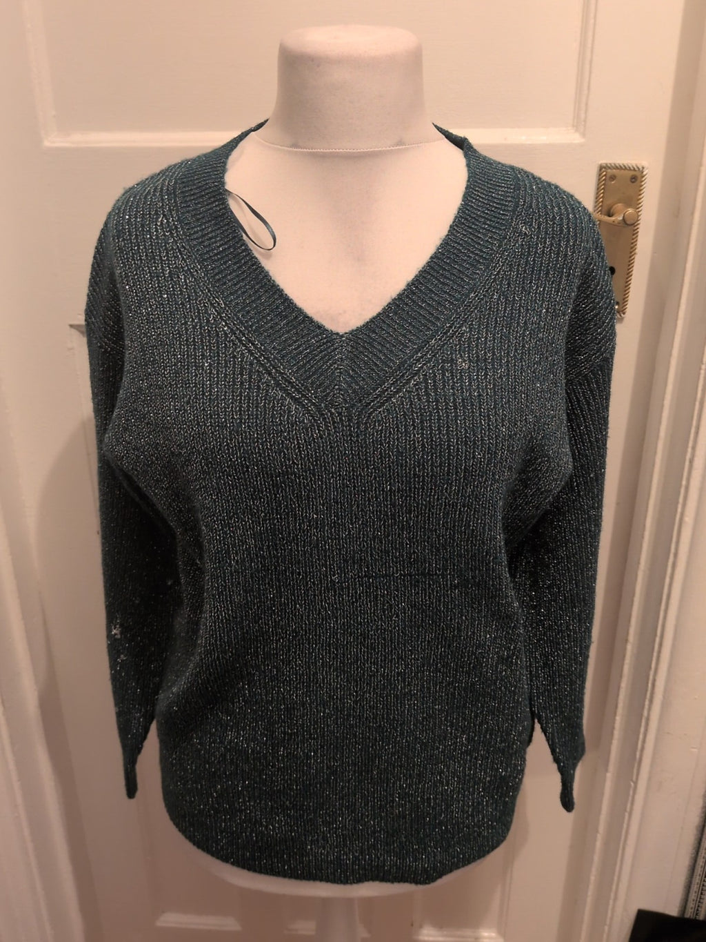 Ladies Bonmarche Size 12 Green And Silver V Neck Pullover Jumper
