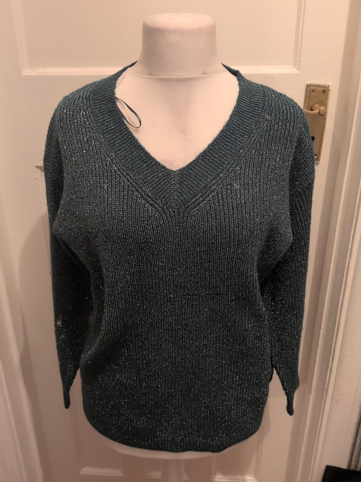 Ladies Bonmarche Size 12 Green And Silver V Neck Pullover Jumper