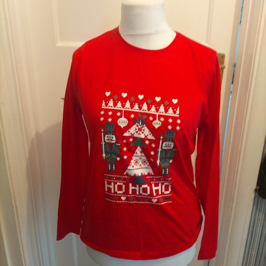 Ladies Esmara Size 12-14 Red Long Sleeved Ho Ho Ho Pyjama Top