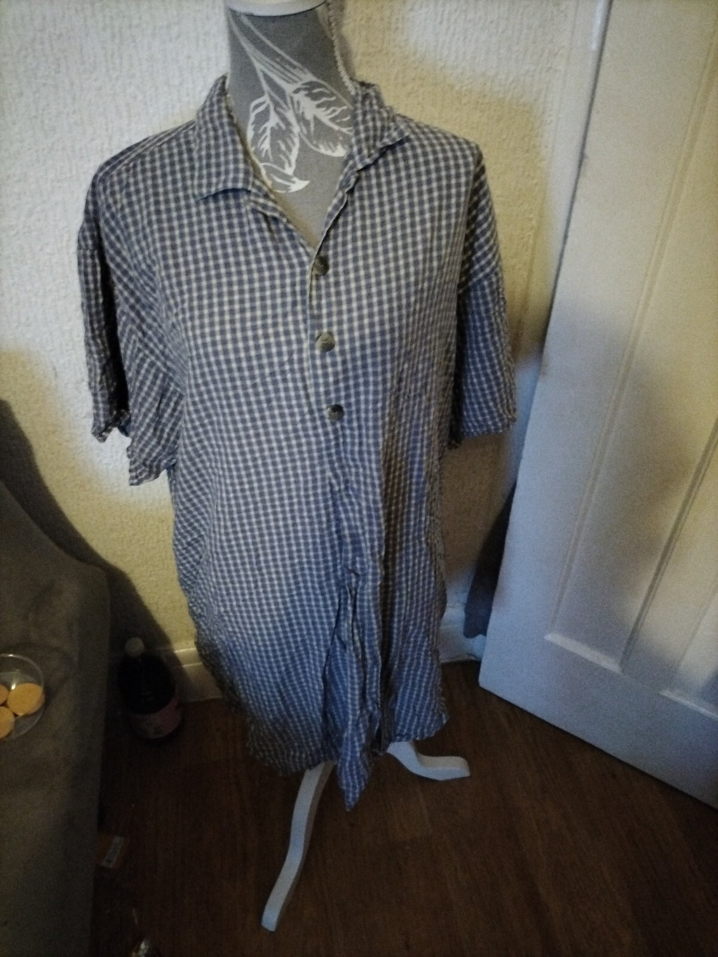 Mens Large Blue/White Checked Short Sleeved Shirt