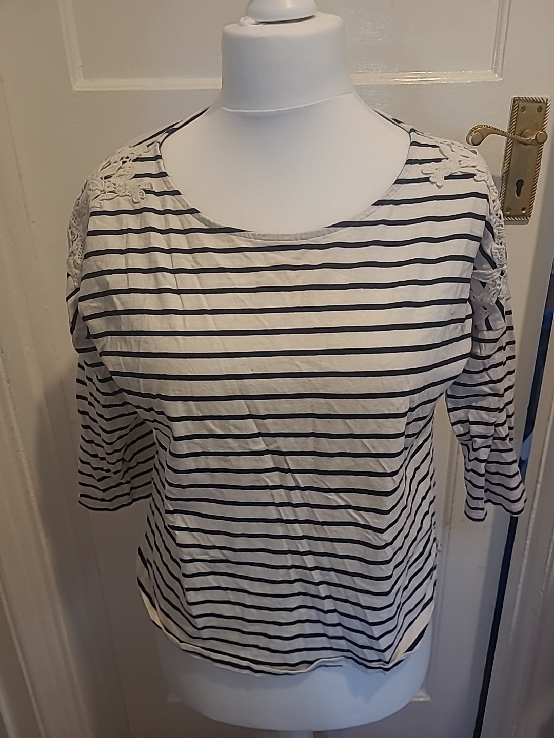 Ladies Marks And Spencer Size 14 Navy And White Striped With Detail On Shoulder