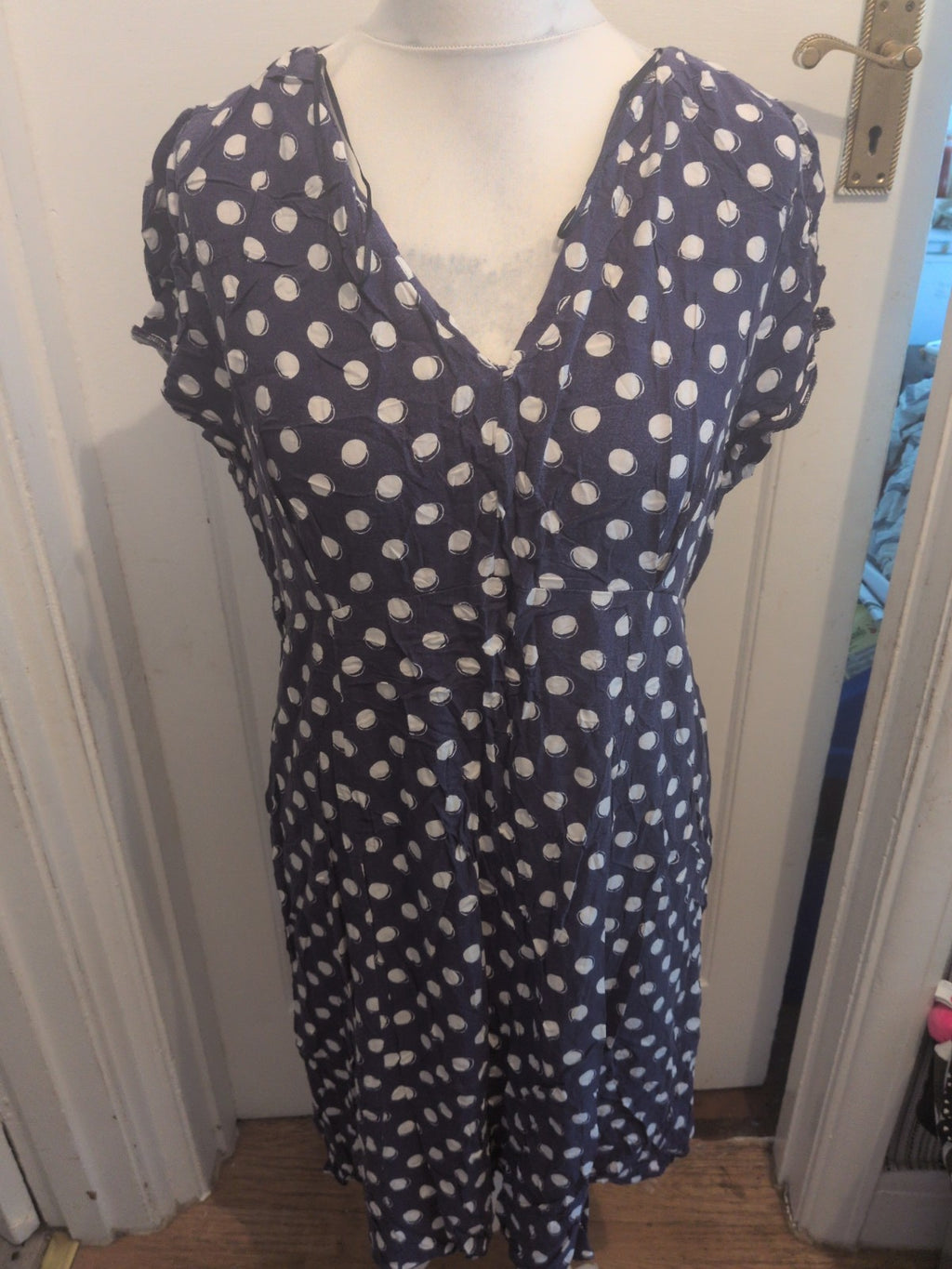 Ladies George Size 20 Navy And White Spot Short Sleeve Dress Knee-Midi