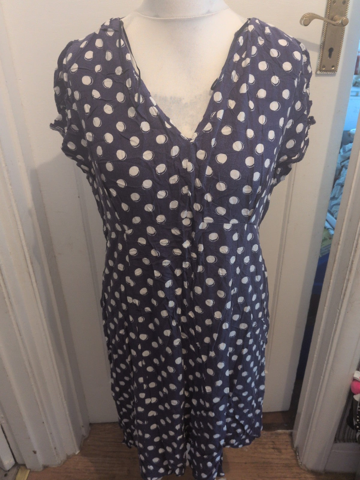 Ladies George Size 20 Navy And White Spot Short Sleeve Dress Knee-Midi