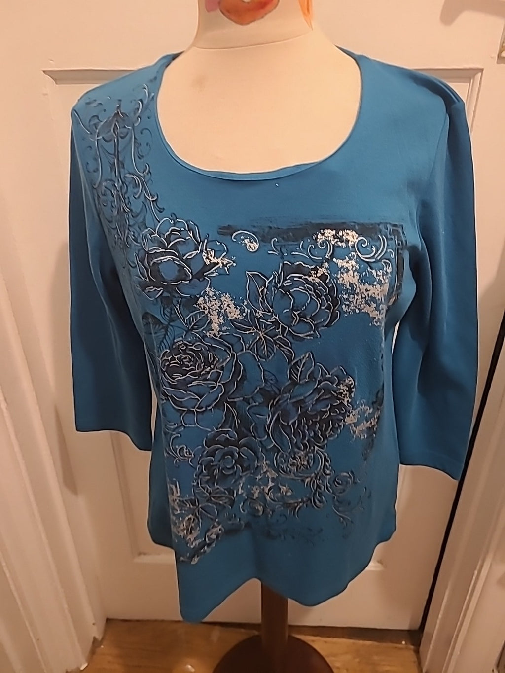 Ladies Bonmarche Size Medium Teal Mid Sleeved Floral Blouse