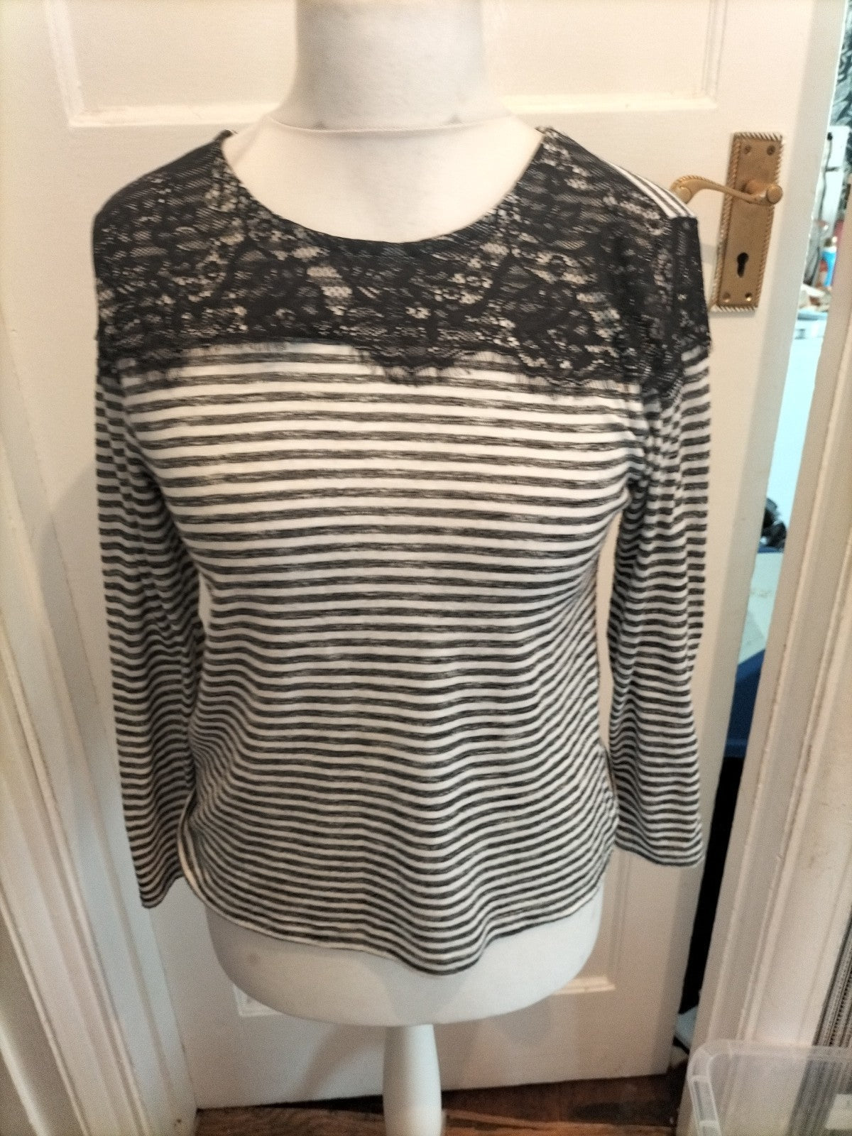 Primark 12 Grey White Striped With Black Lace Long Sleeve Blouse