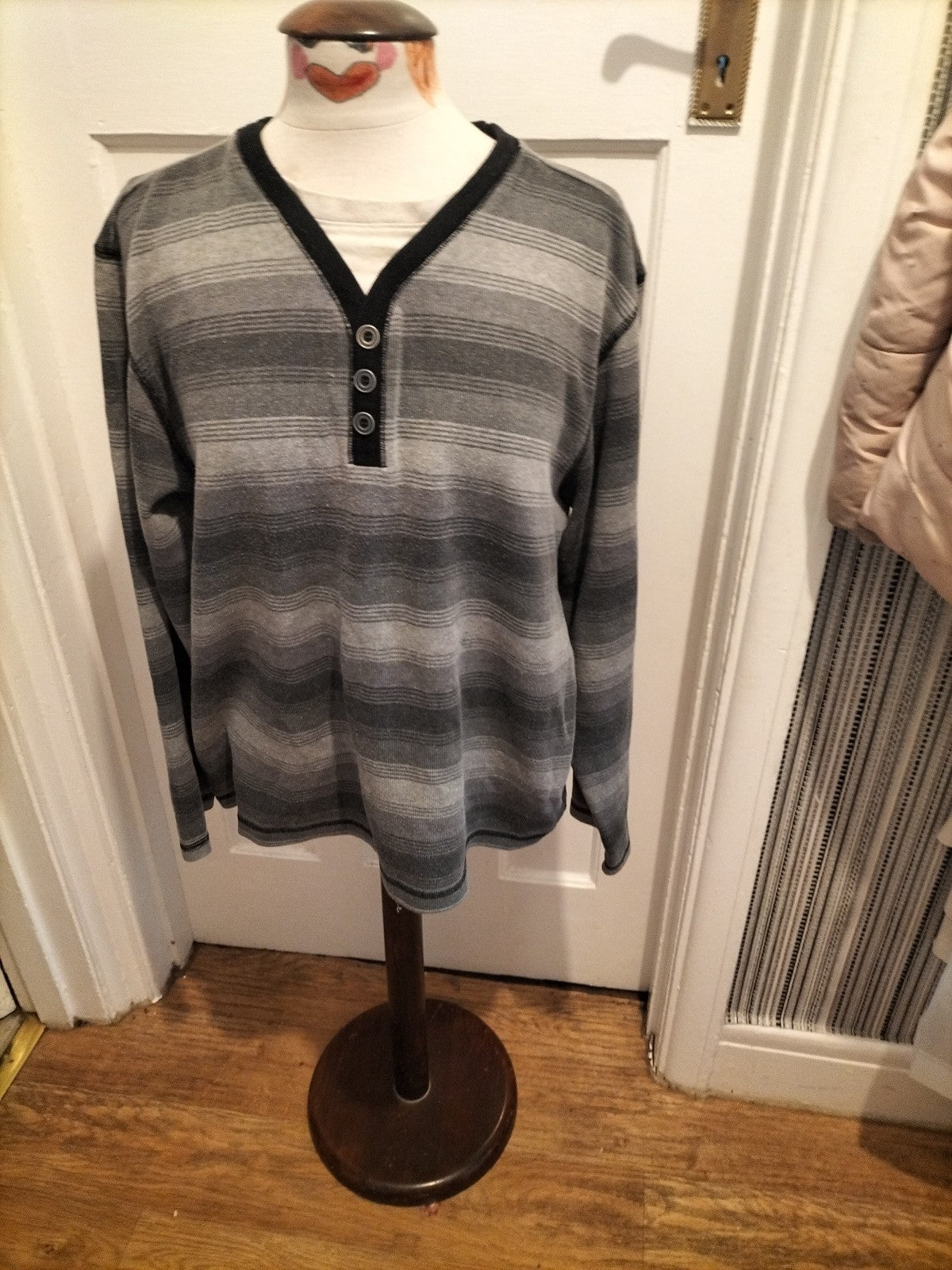 Mens Easy Size 2xl 2 Tone Grey Striped Long Sleeved Polo