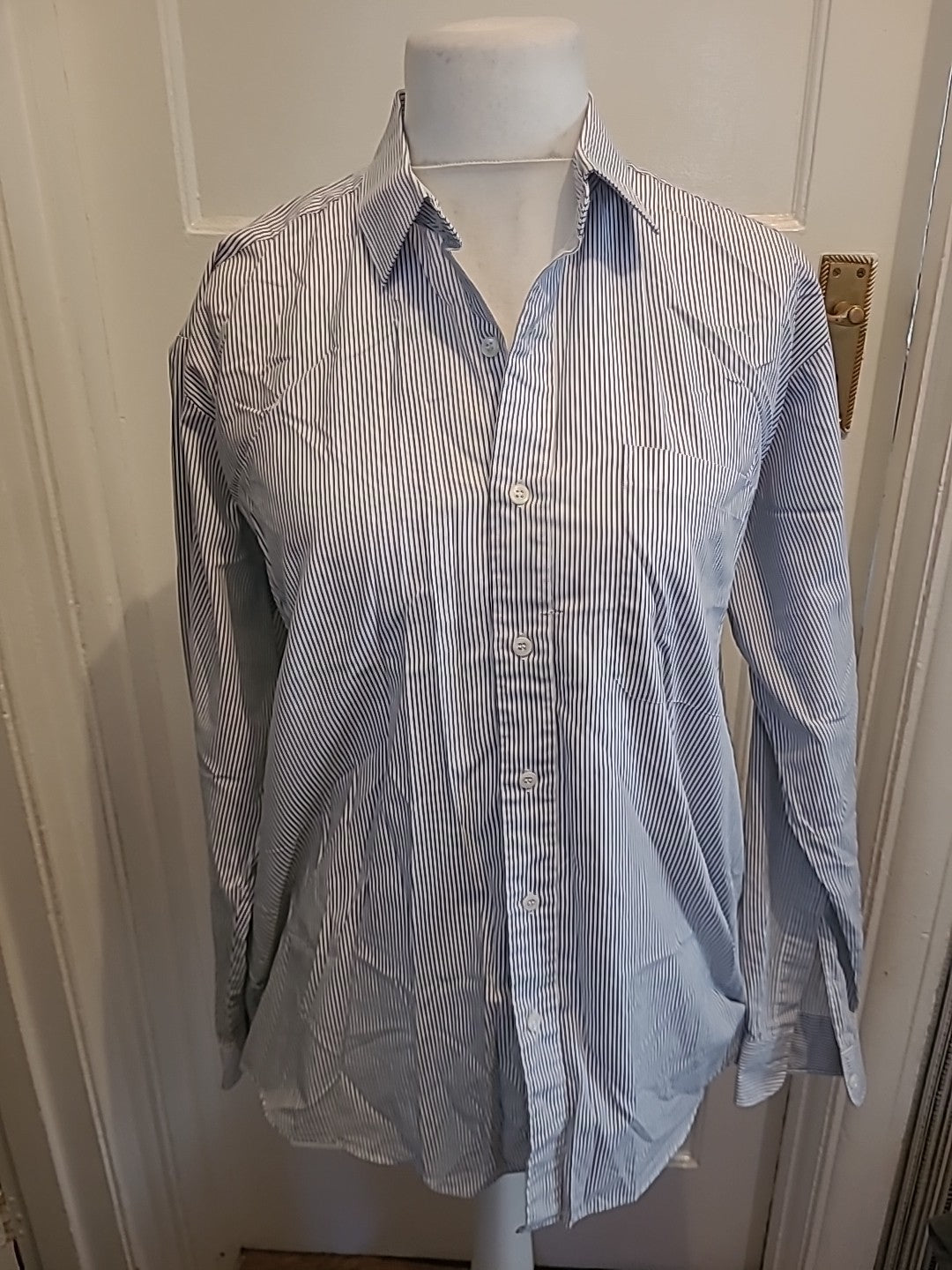 Mens BHS Size 16.5 Navy And White Striped Long Sleeved Shirt