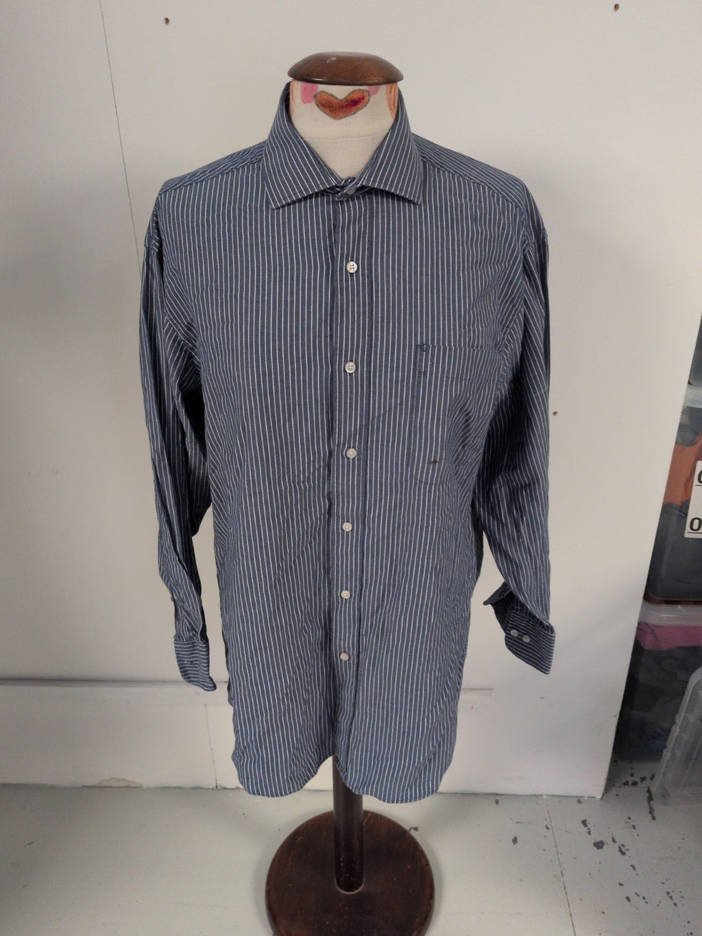 Tommy Hilfiger 16" Large Blue Stripe Long Sleeve Shirt Mark On Pocket