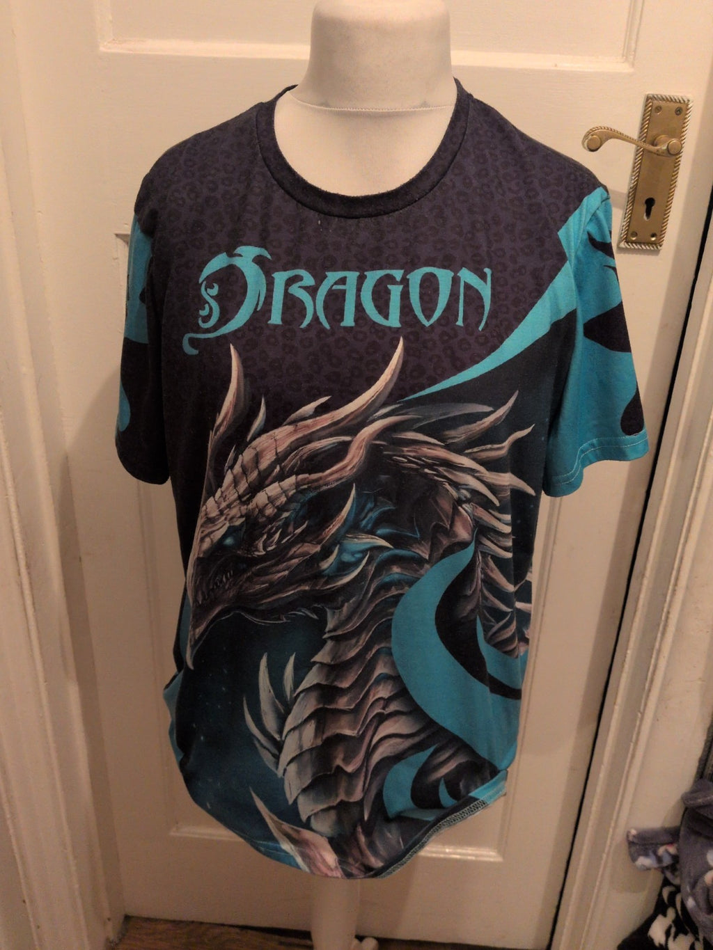 Mens 2xl Blue Dragon Printed Short Sleeve T-shirt