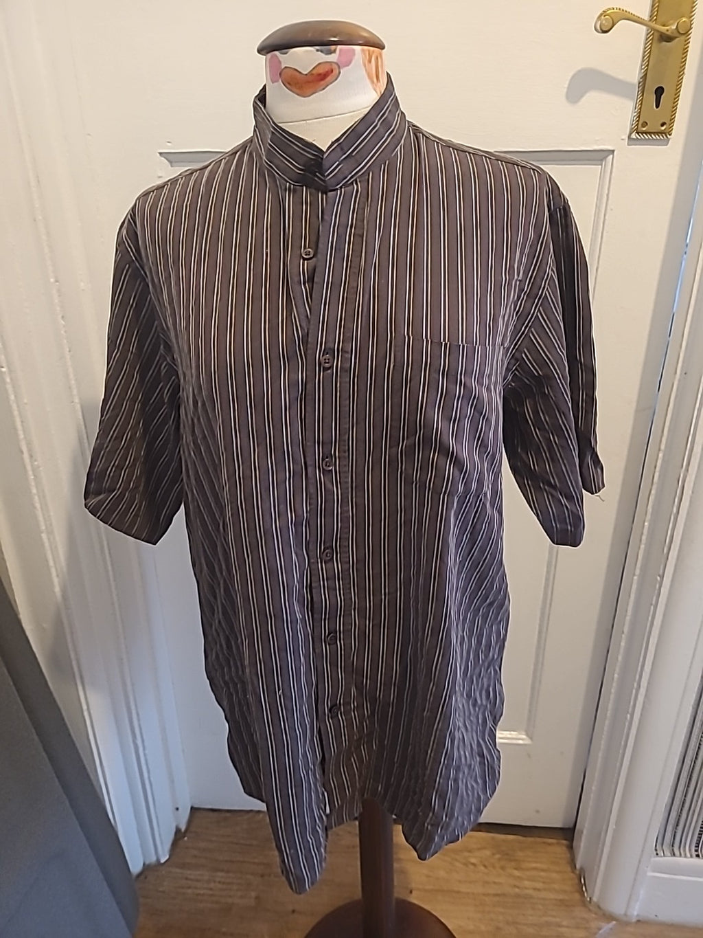 Mens George Size 16" Brown Striped Short Sleeved Non Iron Shirt