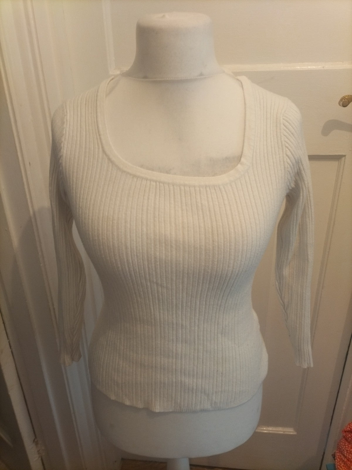 Primark 14-16 White Brush Rib Long Sleeve Square Neck Top