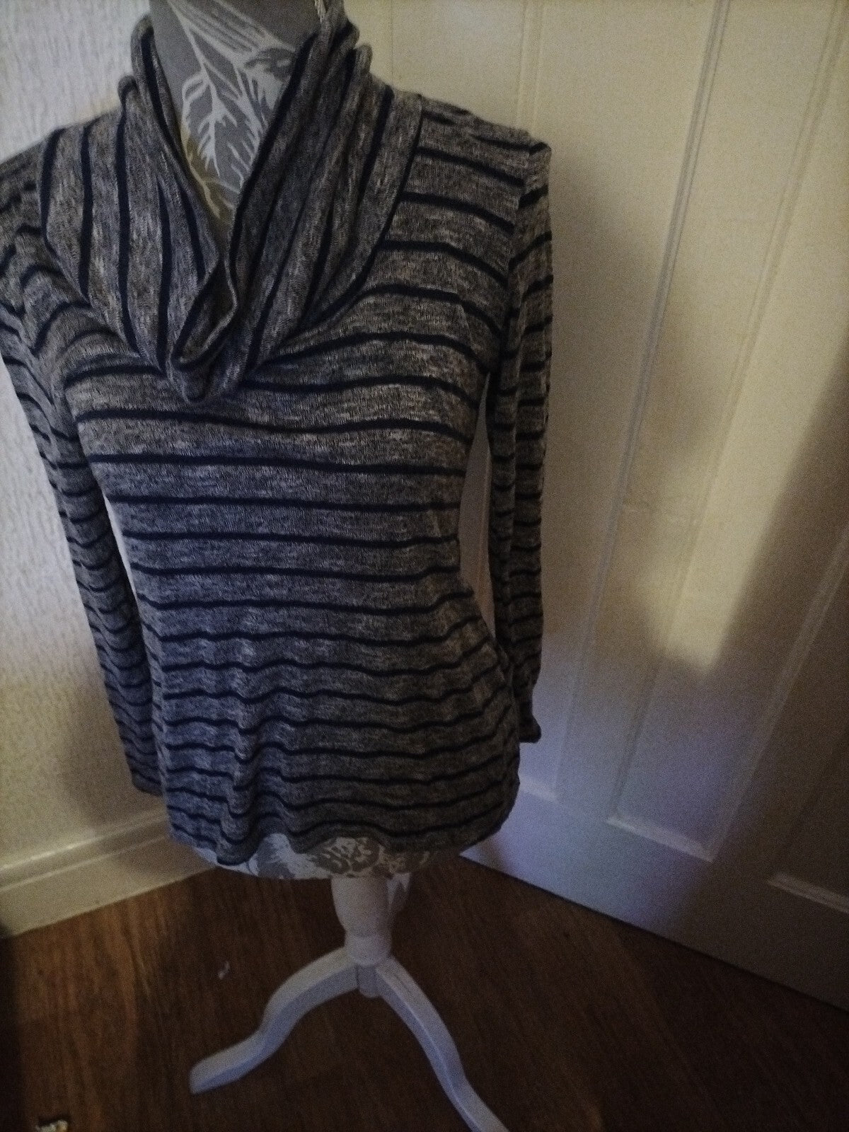 Ladies Size Small Grey/Navy Striped Long Sleeved Blouse