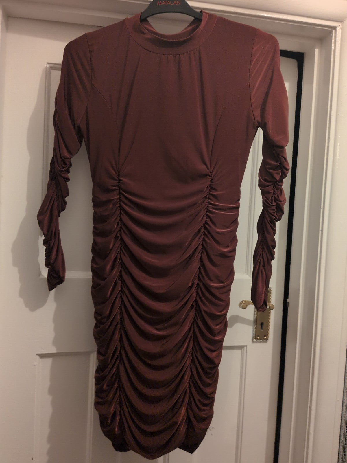 Prettylittlething 12 Brown Long Sleeve Ruched Dress