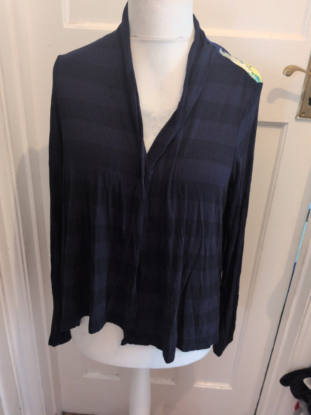 Per Una 14 Navy With Multicoloured Back Long Sleeve Blouse Open