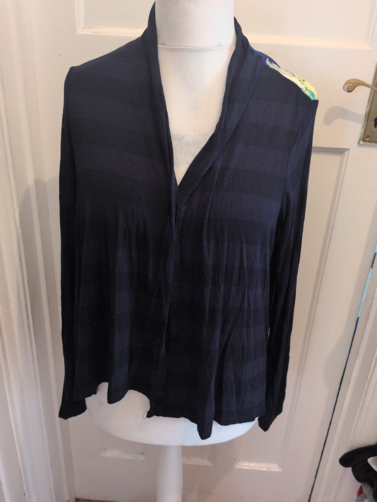 Per Una 14 Navy With Multicoloured Back Long Sleeve Blouse Open