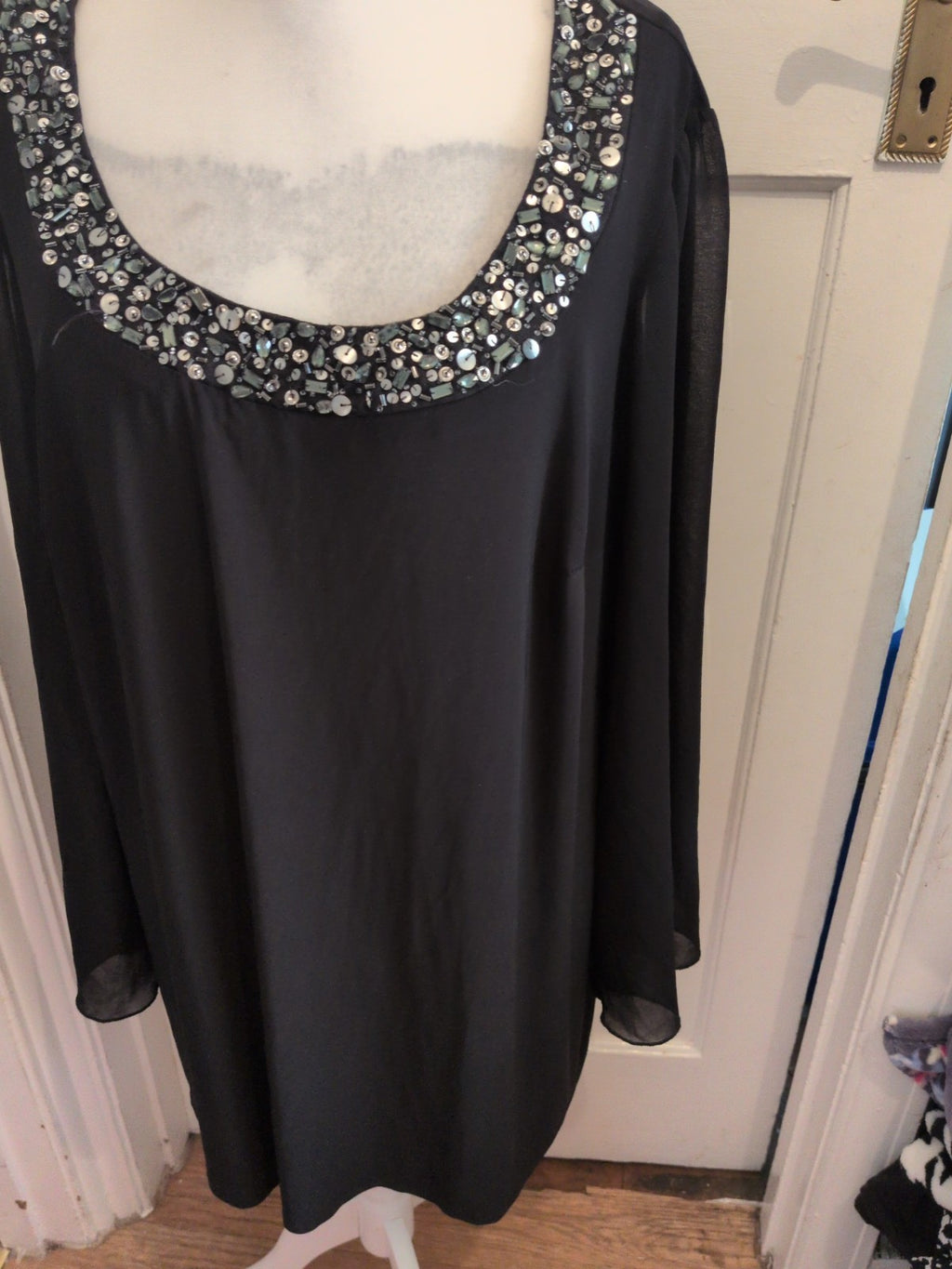 Ladies Evie 22-24 Black Detail On Neck Long Sleeve Blouse Black