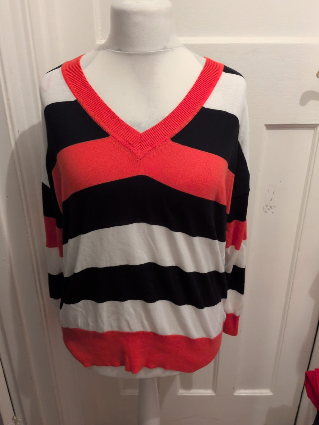 M&S Large Orange Black And White V Neck Jumper