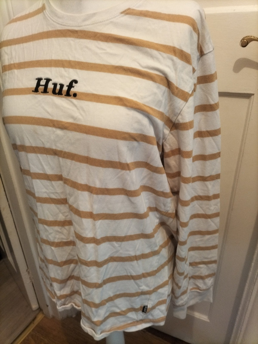 Ladies Huf Size XL Brown And White Striped Tshirt Long Sleeve