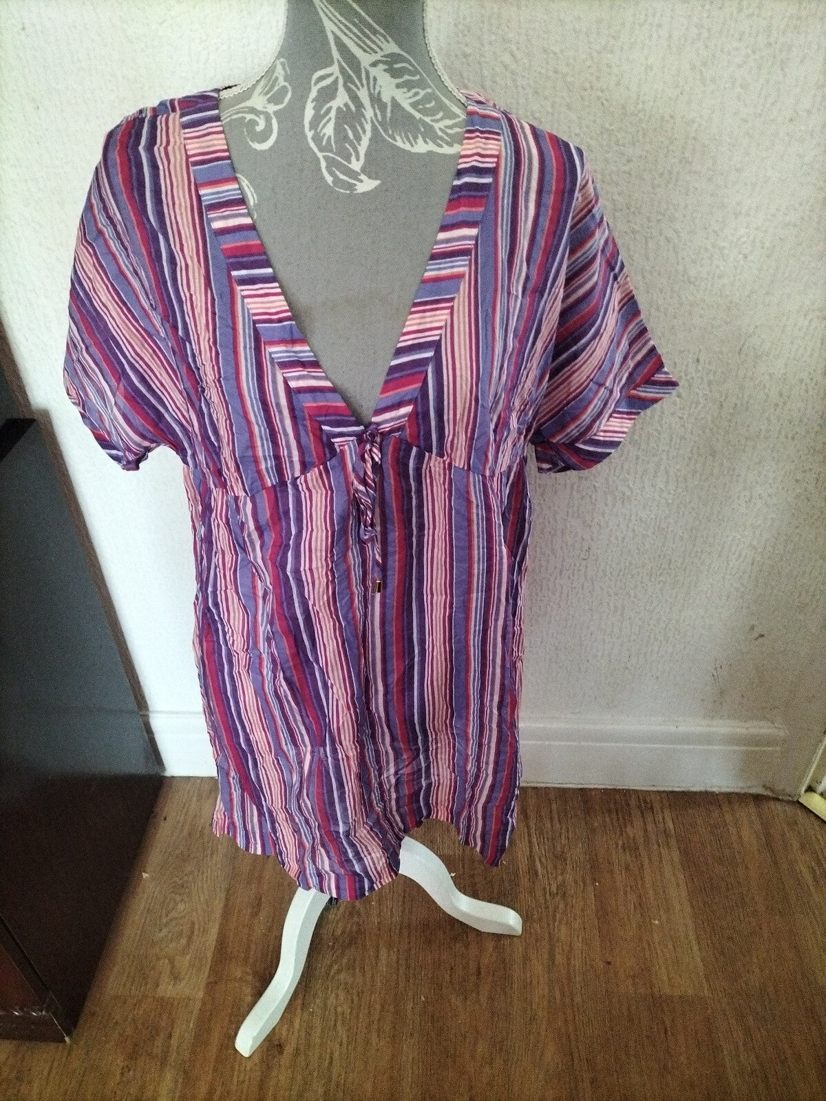 Ladies Per Una Size Small Purple Striped Short Sleeved Blouse