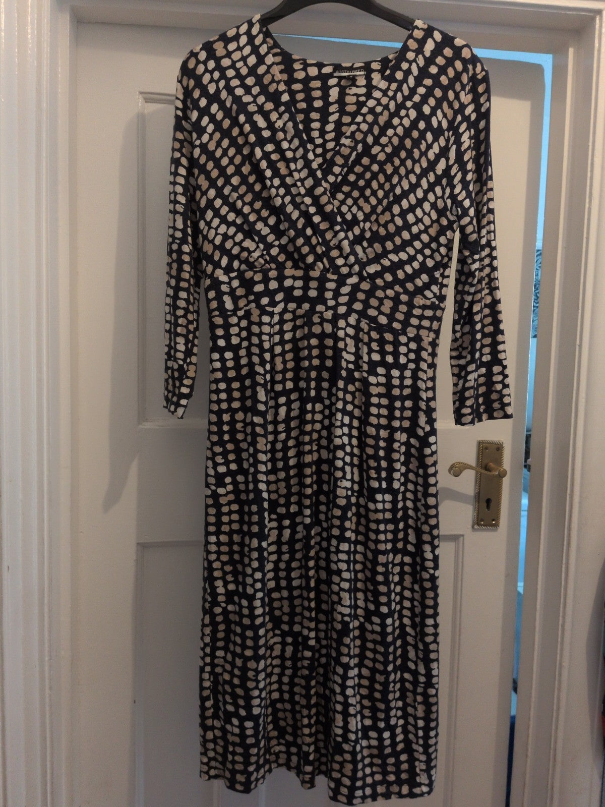 Austin Reed 8 Navy Spotty Long Sleeve V Neck Dress