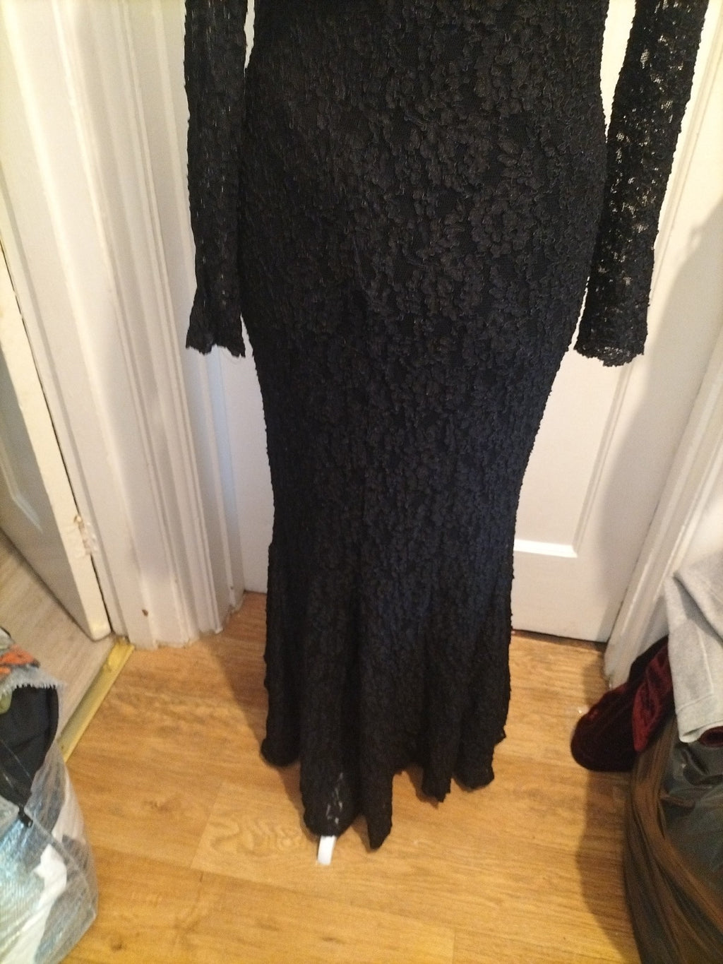 Ladies John Charles Special Occasion Black Lace Long Dress Size 14 Large V Back