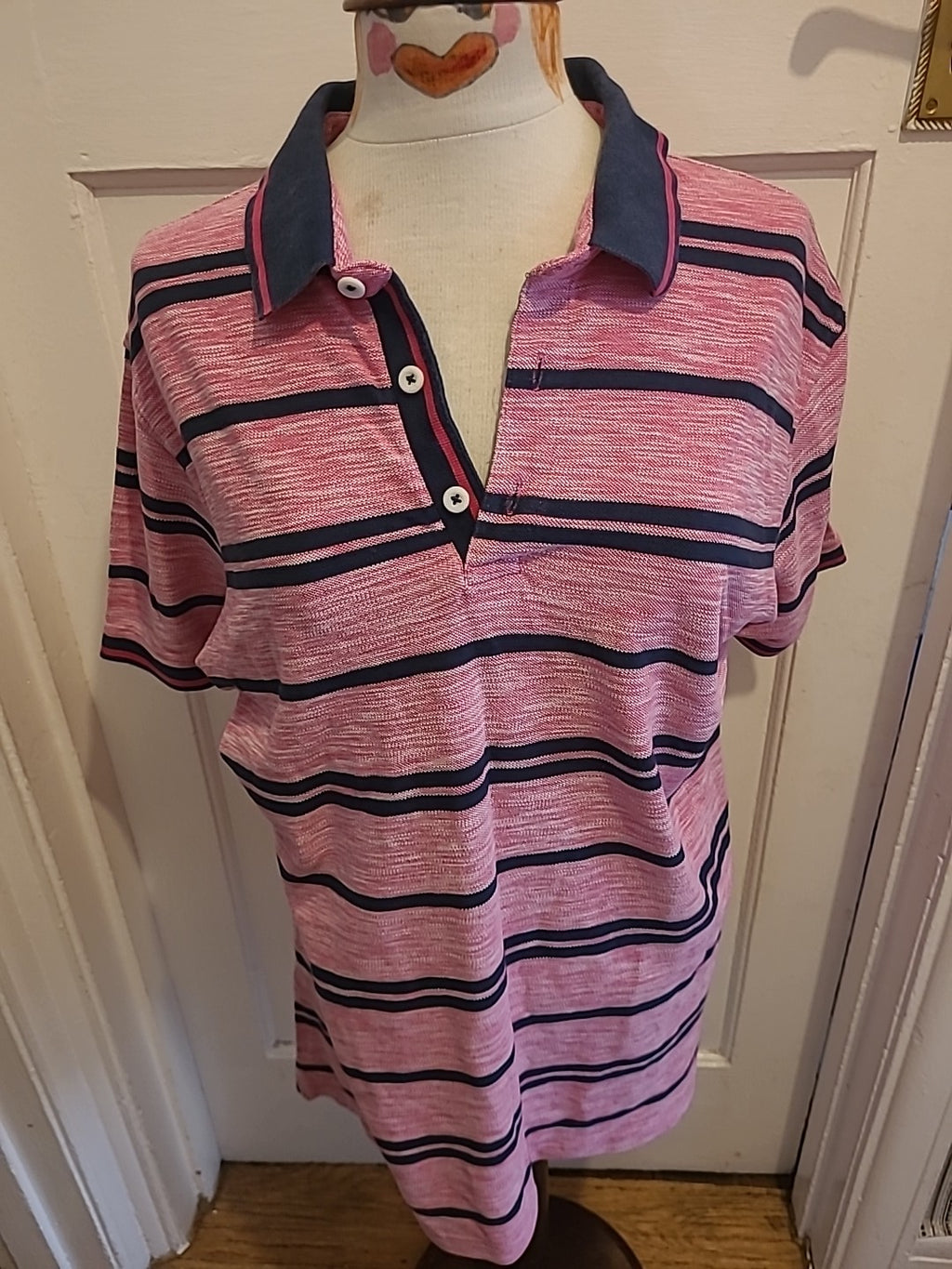Mens Blue Harbour Size Large Pink/Navy Striped Short Sleeved Polo