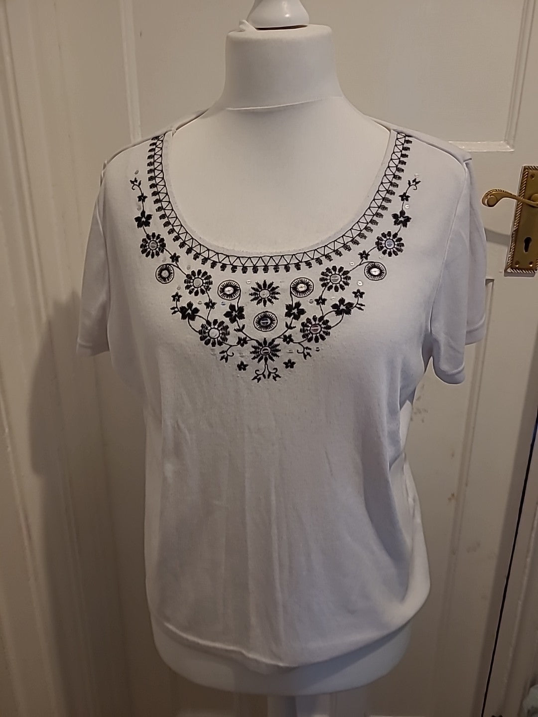 Ladies BM Size Large White With Black Embroidery Neck Tshirt