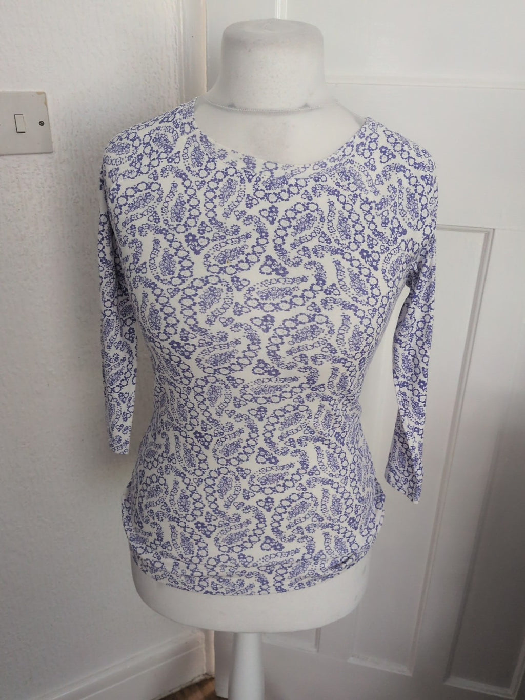 M&Co 10 Violet And White Pattern Long Sleeve Blouse(Mark On Front)